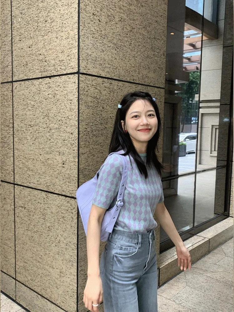 

Purple Cheered Knitted ort Sve T-irt Women's Summer Design Sensual oulder Slimming Ele Top Thin Korean Sle