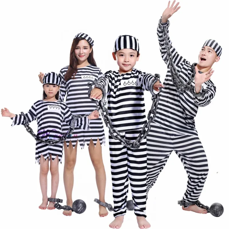 New 2025 Adult Kids Striped Prisoner Costume Prison Suit Uniform Chains Family Matching Outfits Cosplay Clothes For Party wat160