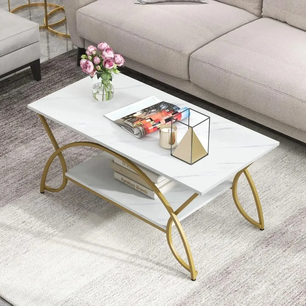 2-Tier Rectangular Coffee Table, Faux Marble Table with Open Storage Shelf, Gold Finished Metal Frame,  Table for Living Room