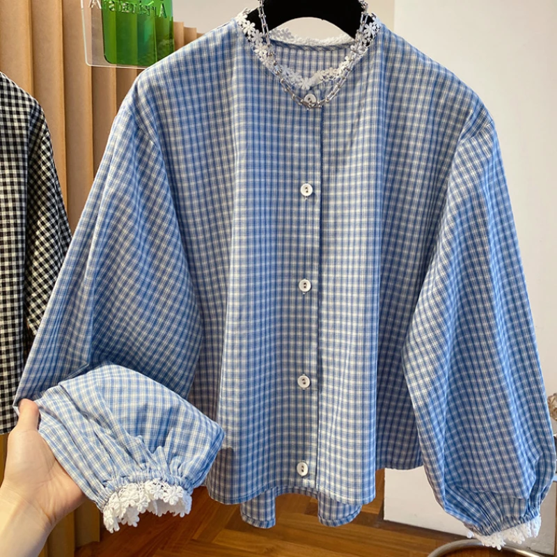 

Korean Plaid Shirts Women 2025 New Fashion Vintage Lace Long Sleeve Single Breasted Loose Casual Blouses Tops Camisas De Mujer