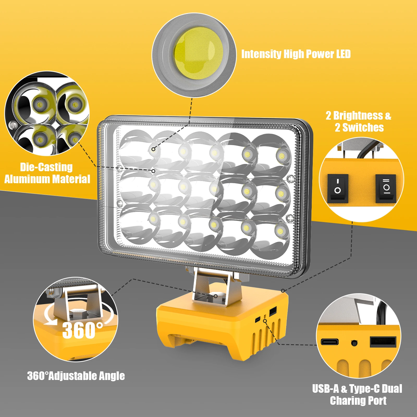 Imagem -05 - Recarregável Led Luz de Trabalho para Dewalt High Power Led Beads Luz de Trabalho sem Fio Base Ajustável 500020000lm