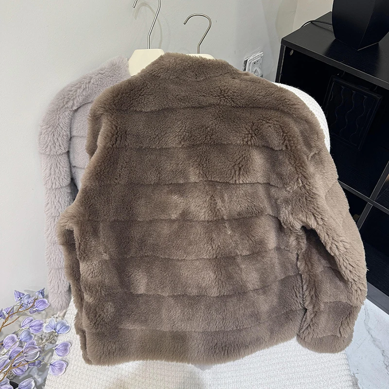 Natural Fur Coat Autumn Women Korean Fashion Lamb Wool Suede Lining Coffee/Gray Warm V-Neck Shearling Jacket Pelzmantel Damen