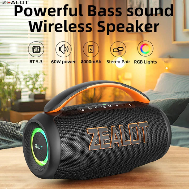 

ZEALOT P12 60W Wireless Speakers, Outdoor Portable Subwoofer Speaker, Hifi Sound quality, RGB light, 24 Hours Playtime,8000mAh