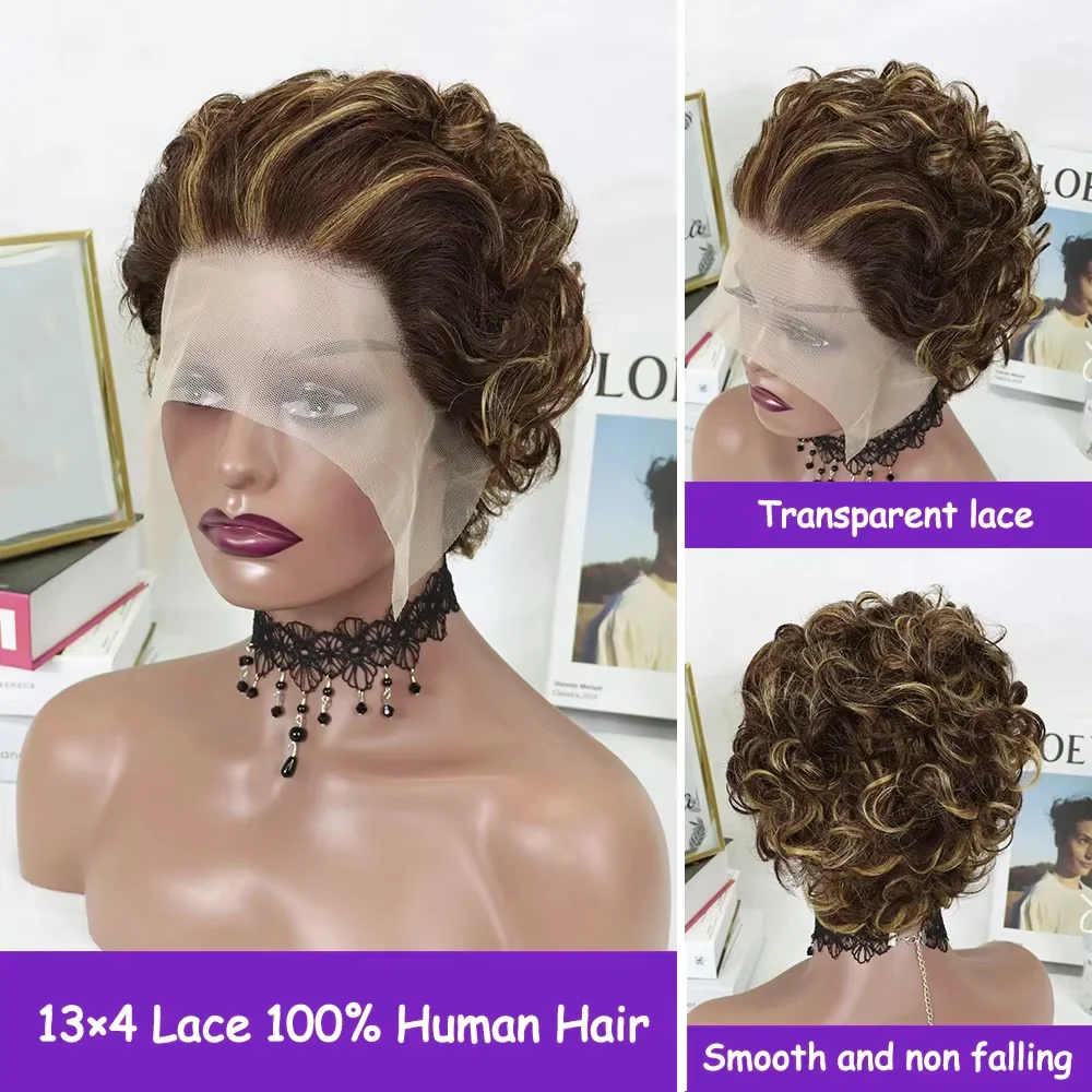 P427 Highlight Ombre Brown 13x1 Lace Front Pixie Cut Wigs 100% Human Hair Pre-Plucked Hairline Brazilian Virgin Hair Remy Hair - Image 3