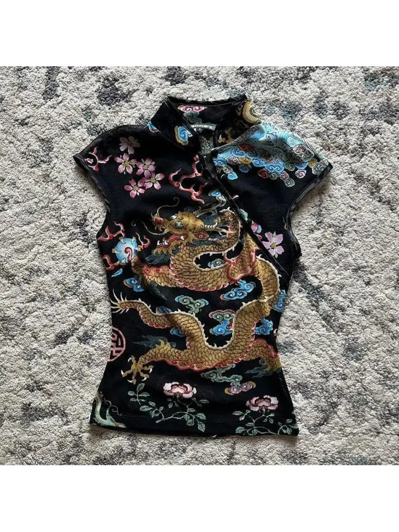 New Chinese retro style dragon pattern women's T-shirt cheongsam knot design slim sexy daily leisure 2026 fashion new style.