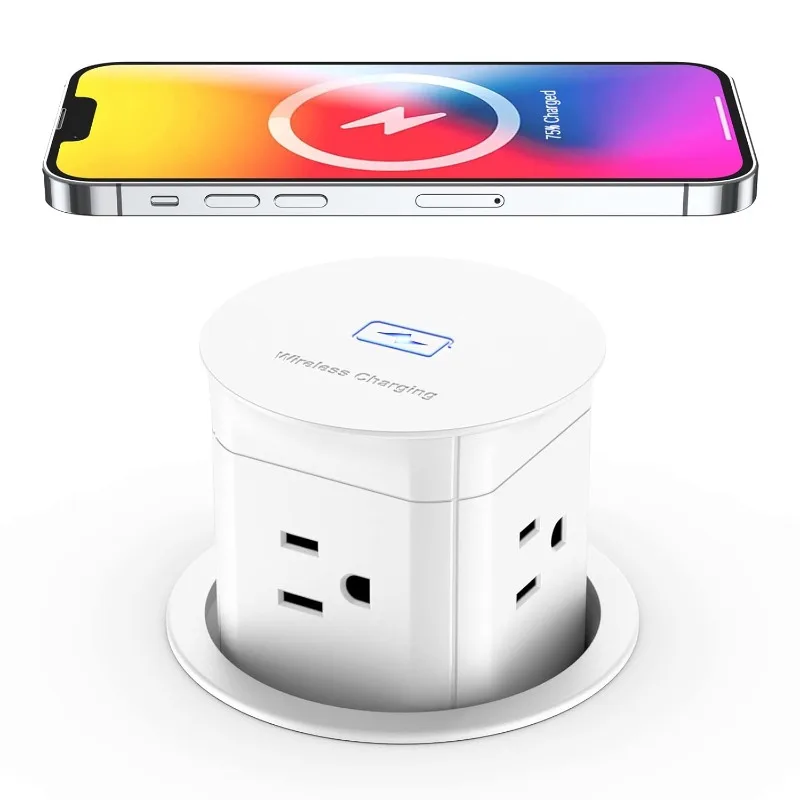 Pop Up Outlet with 15W Wireless Charger, Space Saver Pop Up Power Outlet for Kitchen Countertop,Office Conference Table (White)