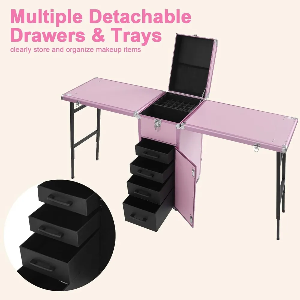 مكتب أظافر محمول قابل للطي مع طاولة مانيكير دوارة وحقيبة مستحضرات تجميل مكونة من حجرتين لمكياج السفر #5