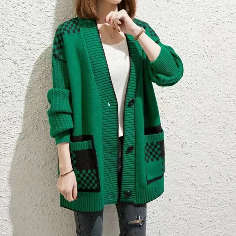 Autumn Winter Elegant Women Sweater Jackets V-neck Knitted Cardigan Long Sleeve Printed Casual Loose Coats Outwear Clothing