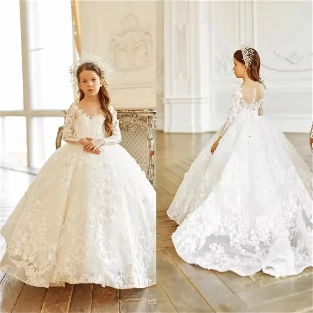 

Luxury Flower Wedding Girl Dress Lace Appliques Ball Gown Princess Birthday Party Banquet Dress First Communion Gown Customized