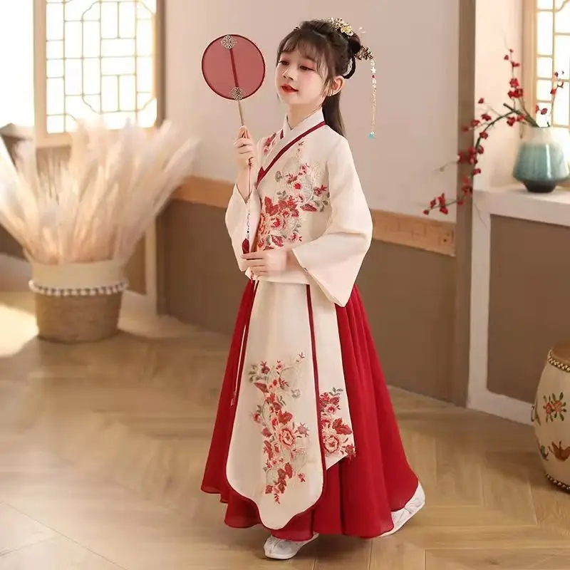 Children's Cute Embroidery Ancient Han Costume Chinese Cute Traditional Princess's New Year Celebration Children's Han Costume T