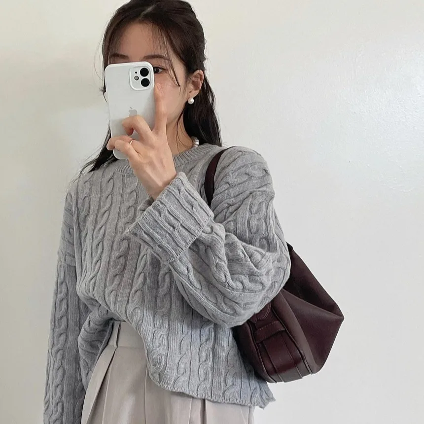 Women's Knitted Long Sve Sweater Soft Twist Design Autumn Early Season Versatile Lazy Sle High Slit Knitwear Top