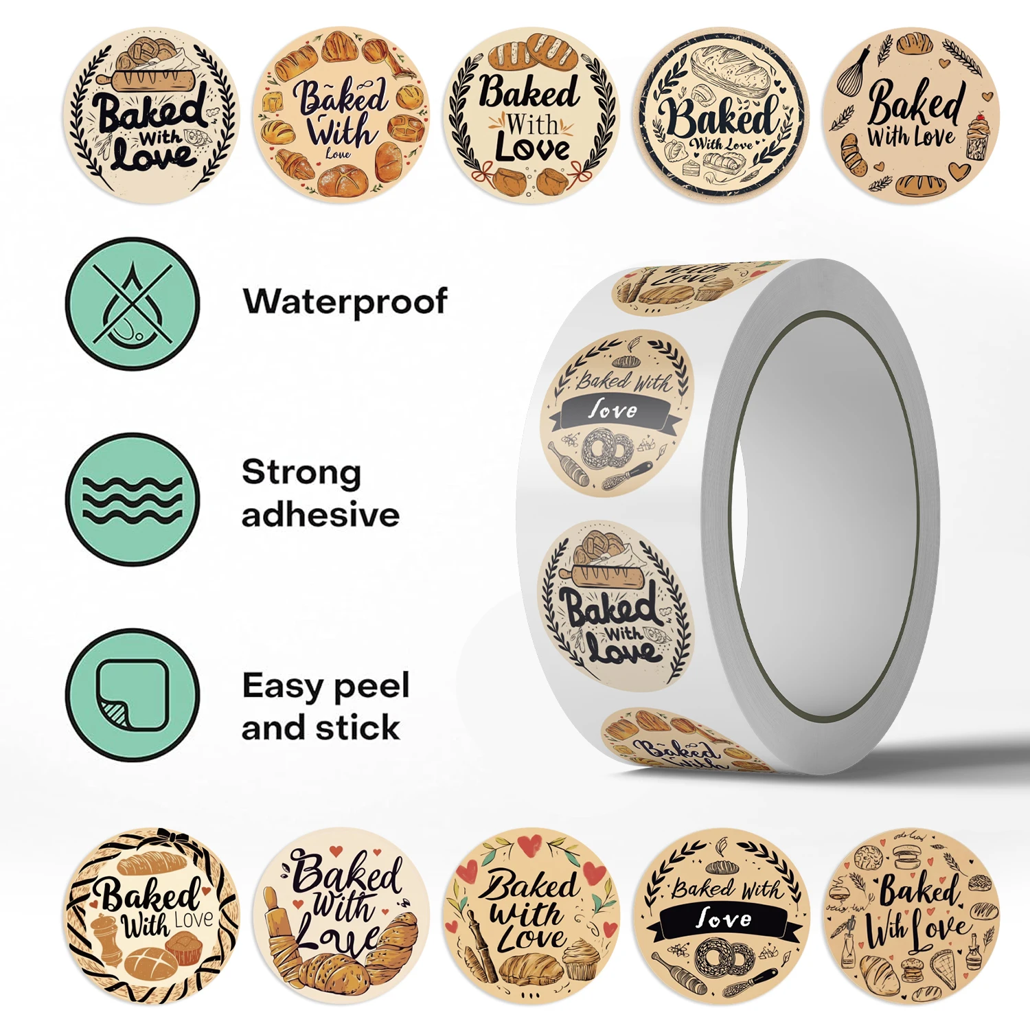 500pcs Baked with Love Stickers Designs Decals for Crafts Junk Journals Scrapbooking Creative Projects Roll Stickers