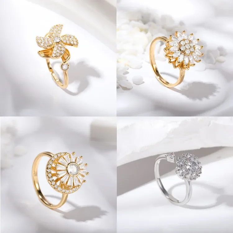 Vintage Fashion Opening Adjustable Turning Ring for Women Classic Luxury Sweet Diamond Flower Ring Girls Birthday Gifts