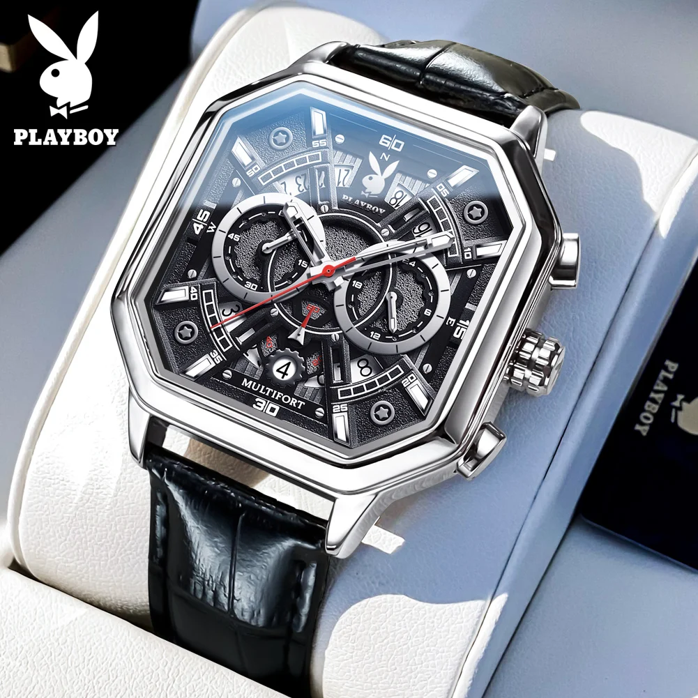 PLAYBOY High Quality Luxury Quartz Men Watch Leather Strap Fashion Waterproof Watches for Men Business Casual Men\'s Wrist Watch