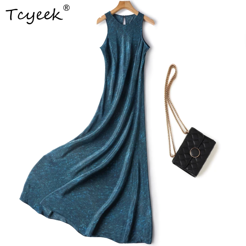 

Tcyeek 100% Mulberry Silk Summer Thin Sleeveless Sling V-neck A-line Deep Sea Blue Long Woman Dresses Sommerkleid Damen 원피스 여름