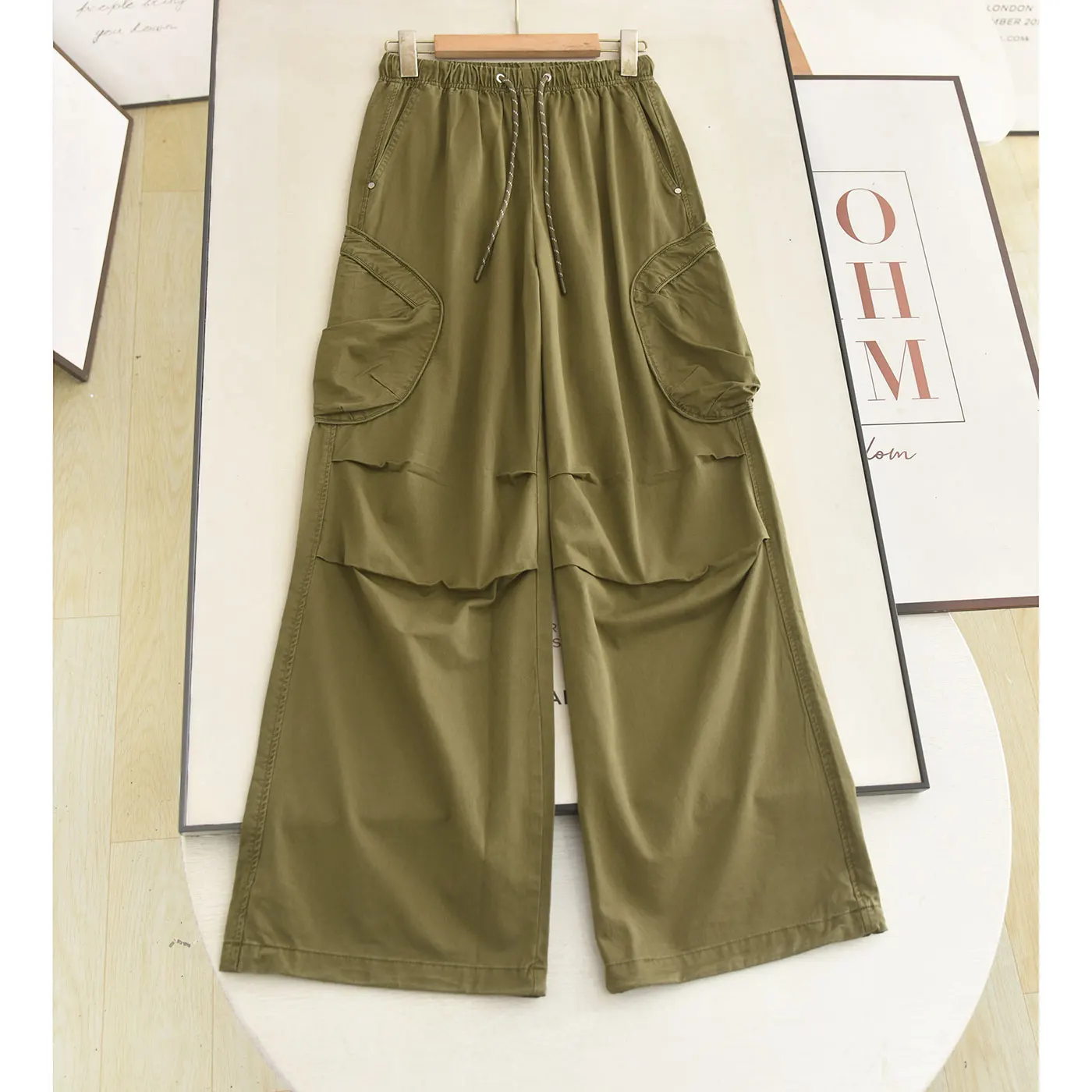 American Style Drawstring High Waist Wide Leg Pants Casual Sporty Look Cuffed Trousers for Women Summer 2026 Fashion