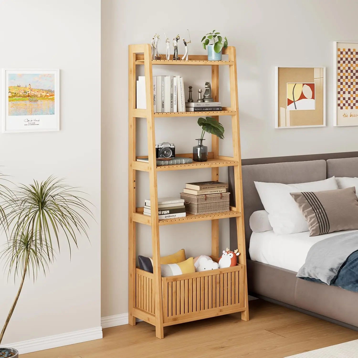 

Бамбуковая лестничная полка, книжный стеллаж с 4 полками для демонстрации и 1 открытой корзиной для хранения, многофункциональный органайзер для хранения