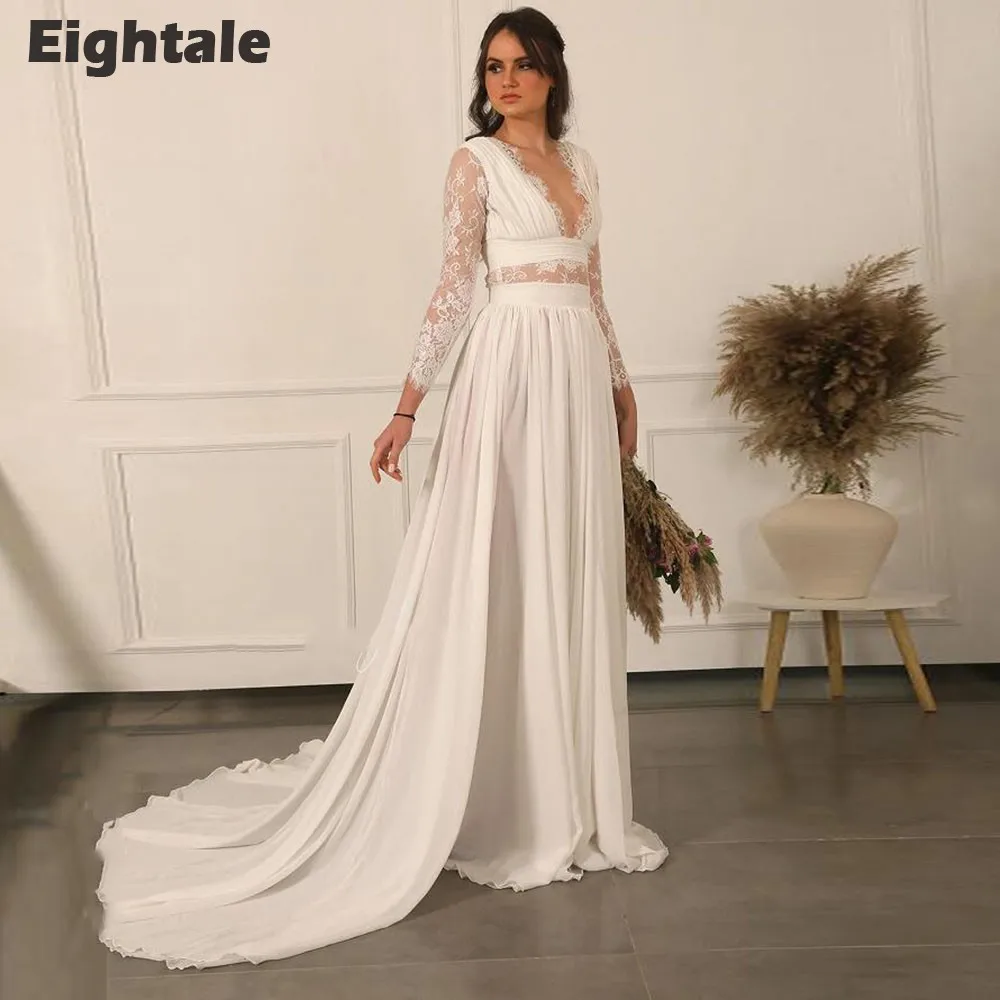

Eightale Boho Wedding Dress Lac V-Neck Long Sleeves Chiffon A-Line Princess Bridal Gowns Vestidos De Novia