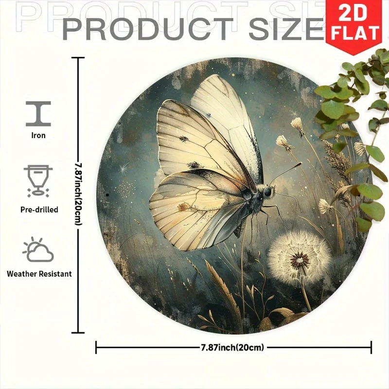2D Flat, 2D Flat 1pc, Elegant Butterfly and Dandelion Iron Metal Sign, 7.87 Inch Round Vintage Wall Decoration, Serene and Dream