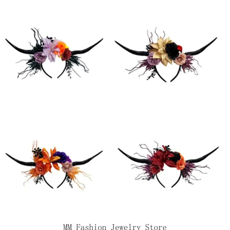 

Halloween Black Antelope Horn Headband With Faux Flower Decoration For Cosplay D0UB