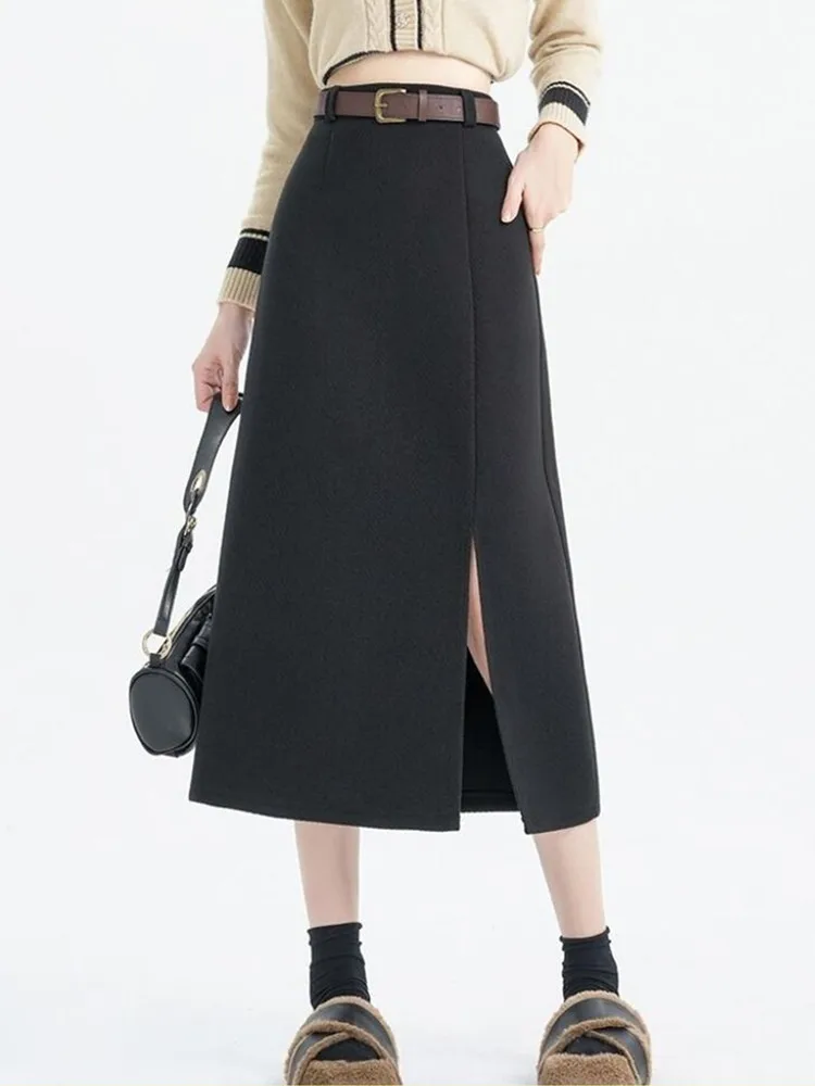 

SMTHMA Woolen Skirt For Women Autumn Winter High-End Slim Mid Length Skirt New Fashion A Line Split Black Skirt With Belt