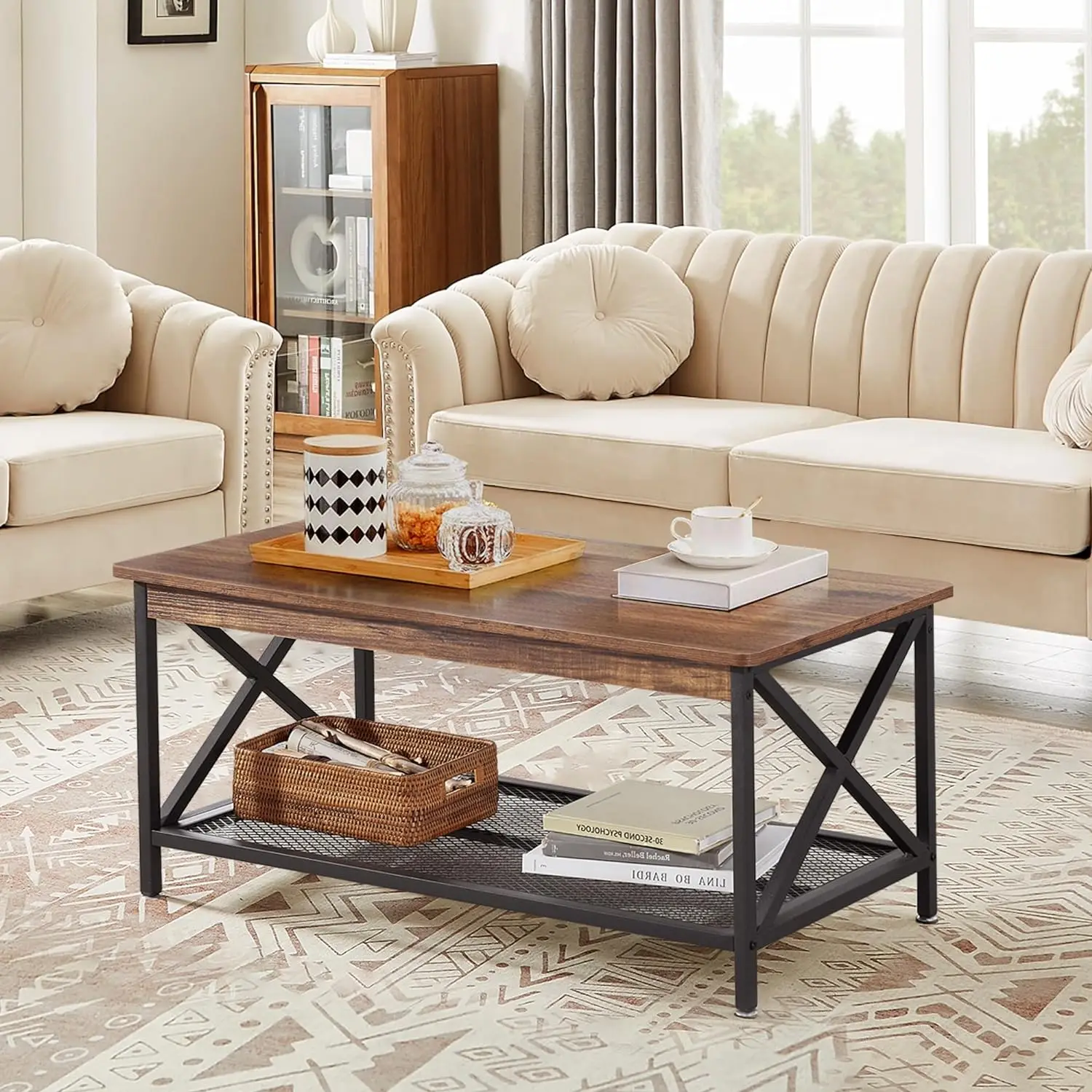 Rectangular Living Room Coffee Table with Storage Shelf, Minimalist Style, Easy to Assemble Bedroom Decorative Table