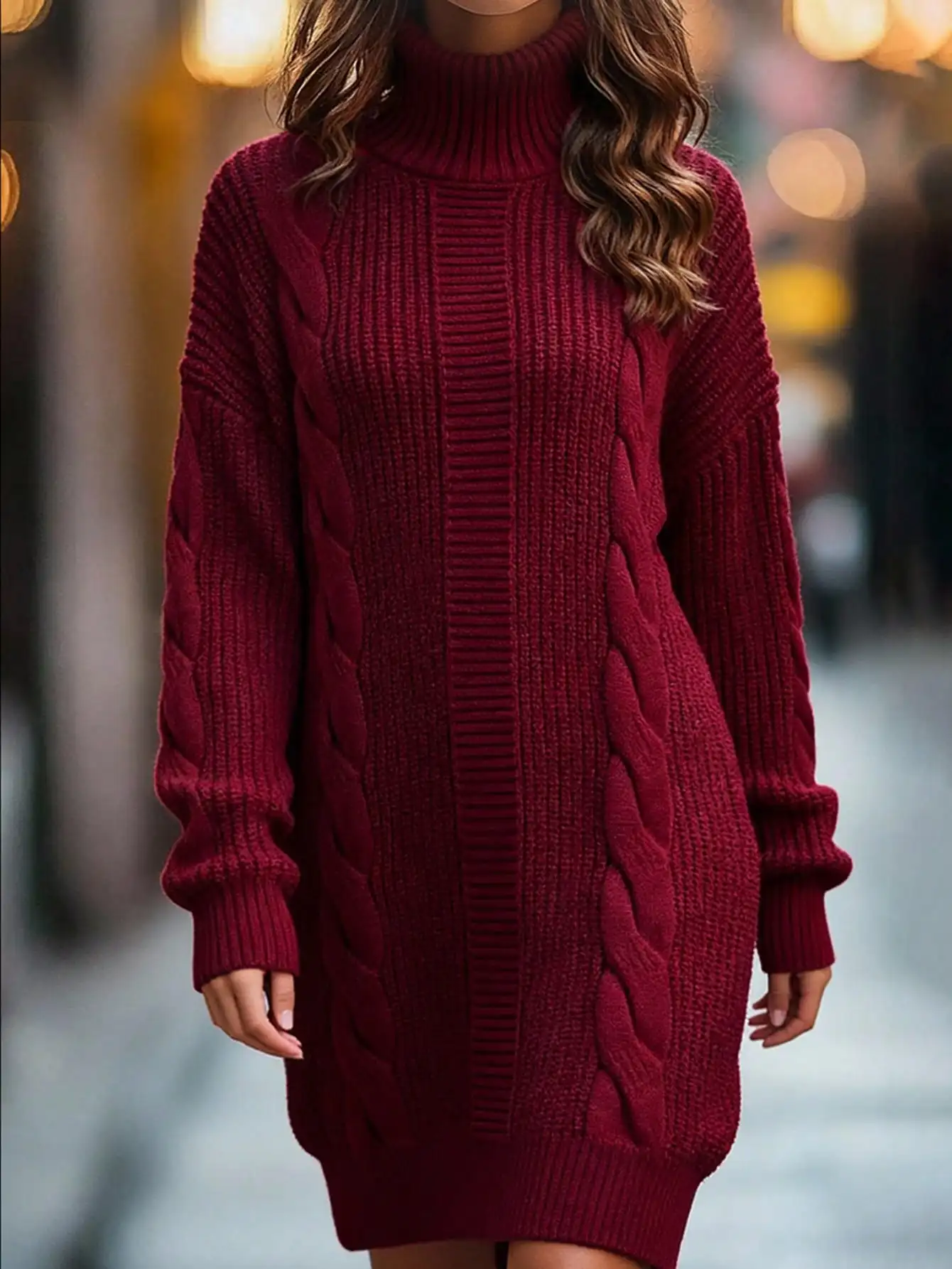 

Женское бордовое платье-свитер крупной вязки с высоким воротом, уютная повседневная одежда с длинным рукавом для зимы