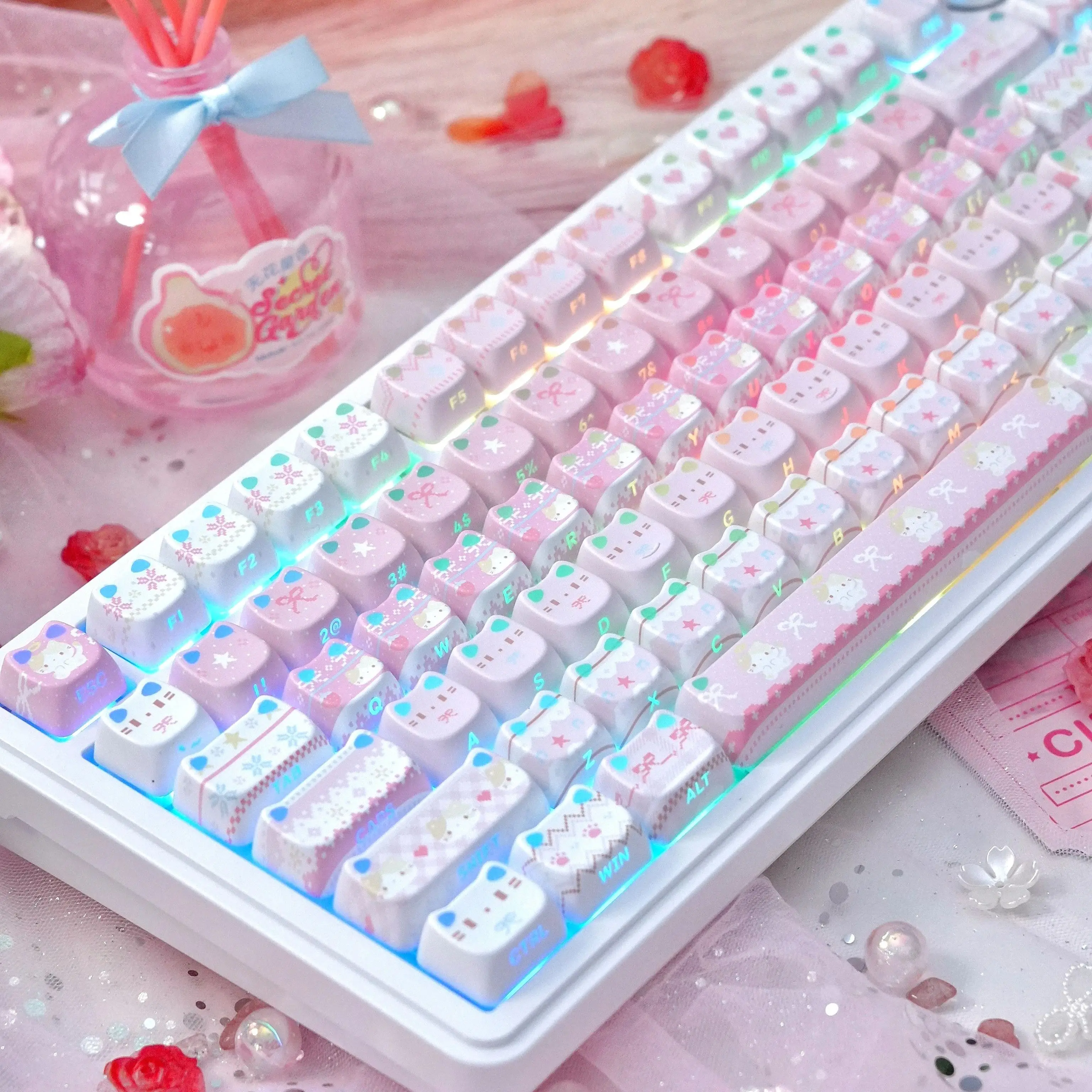 MAIMOOO 130 Key Cute Transparent Cat's Ears Keys Cap Cute Keycaps PBT MAO Profile ANSI Mechanical Keyboard Made68 Mad68
