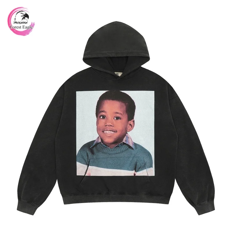 Fall Winter Black Men's Women's Kanye West Portrait Vintage Cotton Washed Terry Fashion Hoodie Pullover