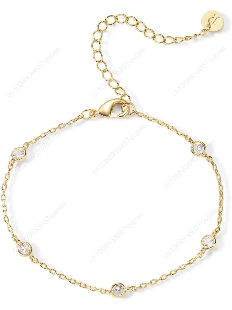 

14K Gold Plated Beaded Cuban Cubic Zirconia Simulated Diamond Station Infinity Chain Bracelets for Women | Adjustable Chai