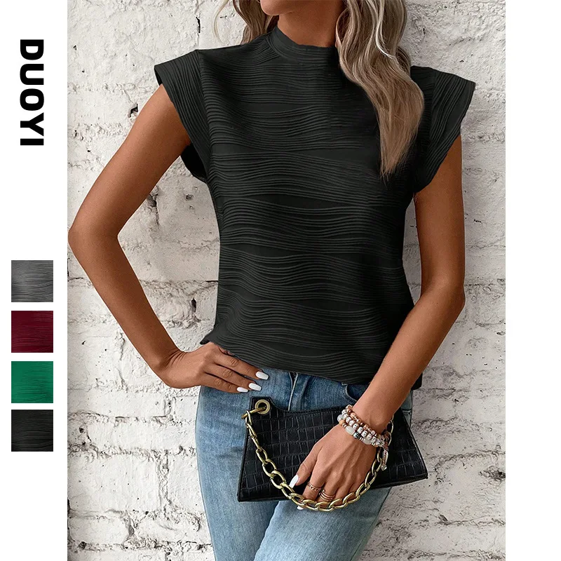 

New Women's Summer Semi-High Neck Textured Wave Button Short Sleeve Top