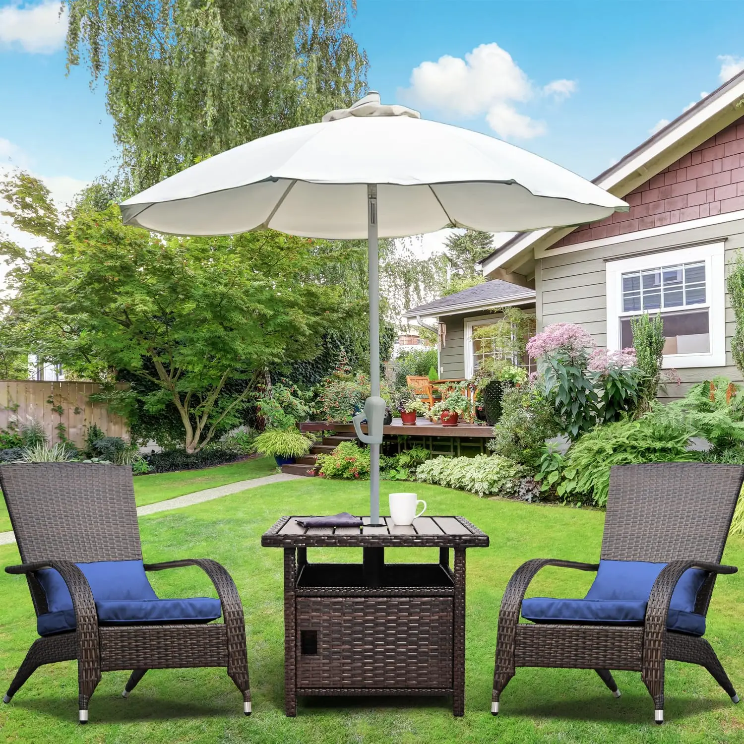 우산 테이블 (무게추 2개 포함) 야외 파티오 우산 사이드 테이블 (우산 구멍 포함) 소형 갈색 위커 엔드 테이블 (야외용)