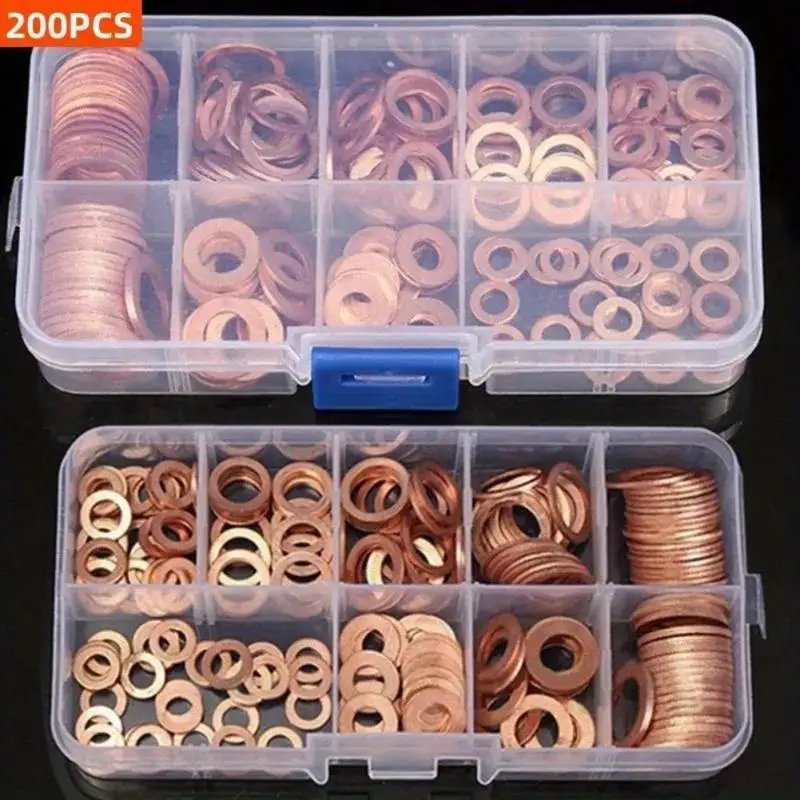 200-teiliges Kupfer-Dichtungsring-Set für Muttern und Schrauben, Flachdichtungs-Sortiment M5 bis M14 für Ölablassschrauben