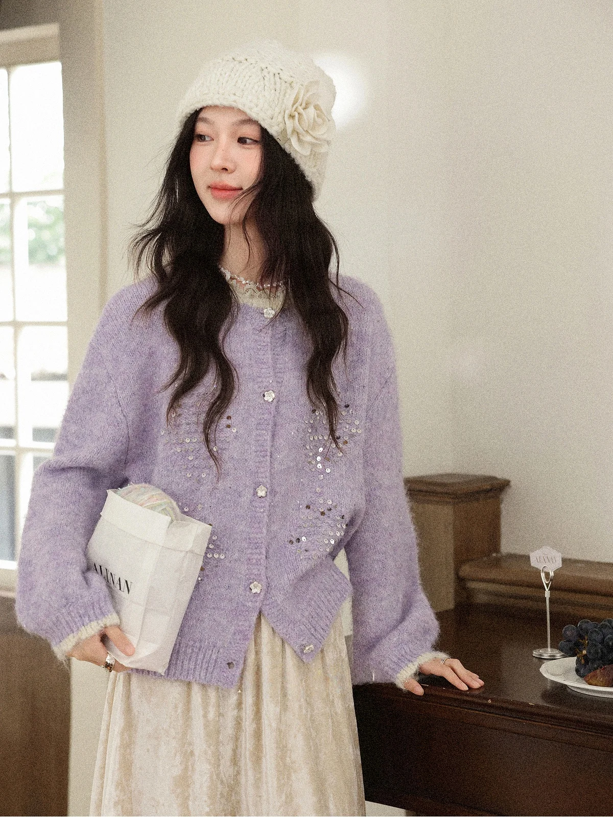 

Вязаный кардиган Ele для женщин: приталенный, фиолетовый, с пайетками, для осени и зимы