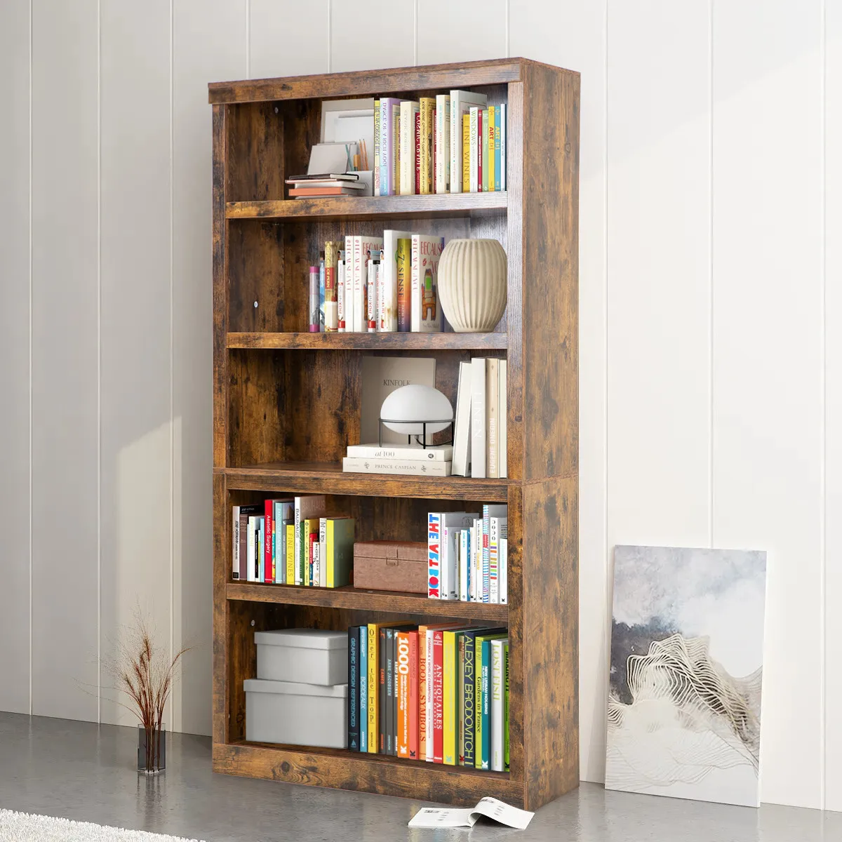 رف كتب خشبي من 5 طبقات للأثاث والخدش لغرفة الدراسة، تصميم موفر للمساحة للتخزين، سهل التجميع #6