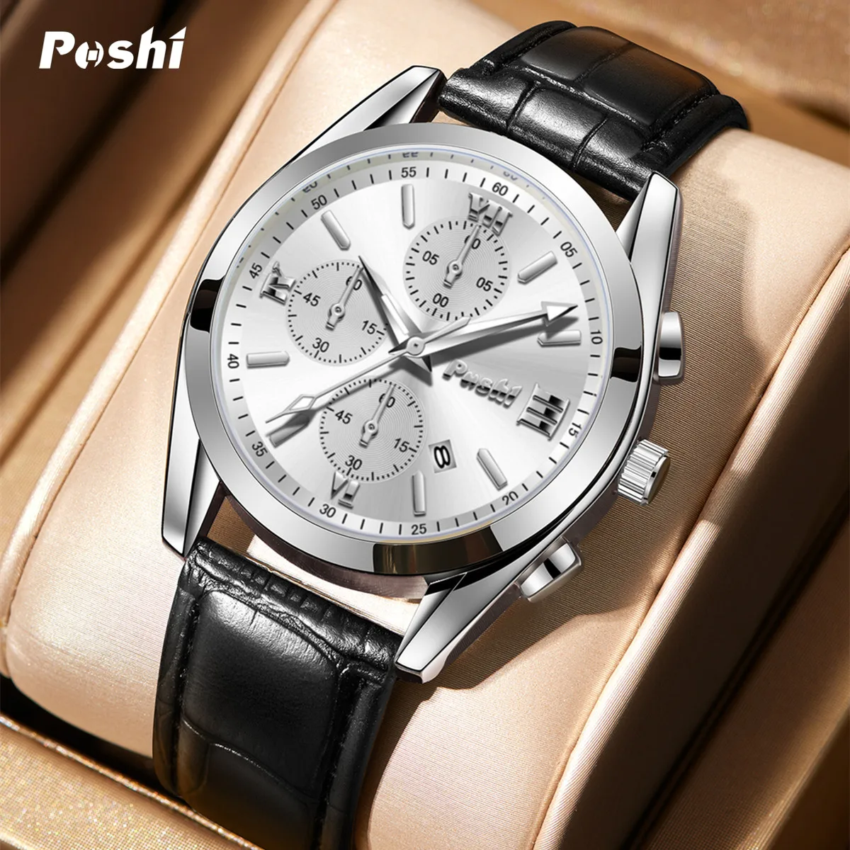 POSHI New Fashion Mens Watches Quartz Movement Watch Luxury Leather Strap with Calendar Waterproof Sport Wristwatch for Man 2023