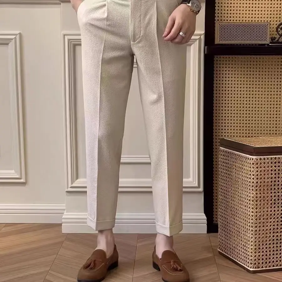 England Style Men Naples Suit Pants Fashion High-waisted Belt Design Straight Autumn Slim Fit Seersucker Casual Pant Streetwear