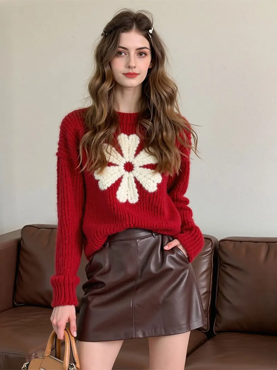 

Christmas New Year Red Embroidery Sweater Korean Style Lazy High End Knitted Shirt Winter Long Sleeve round Neck Thickened Wo...
