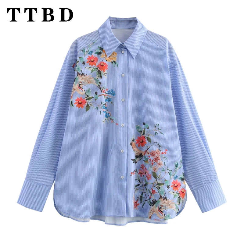 

TTBD 2024 New Autumn Women's Casual Fashion Long Sleeve Loose Button Flower Printed Blouse Elegant Top