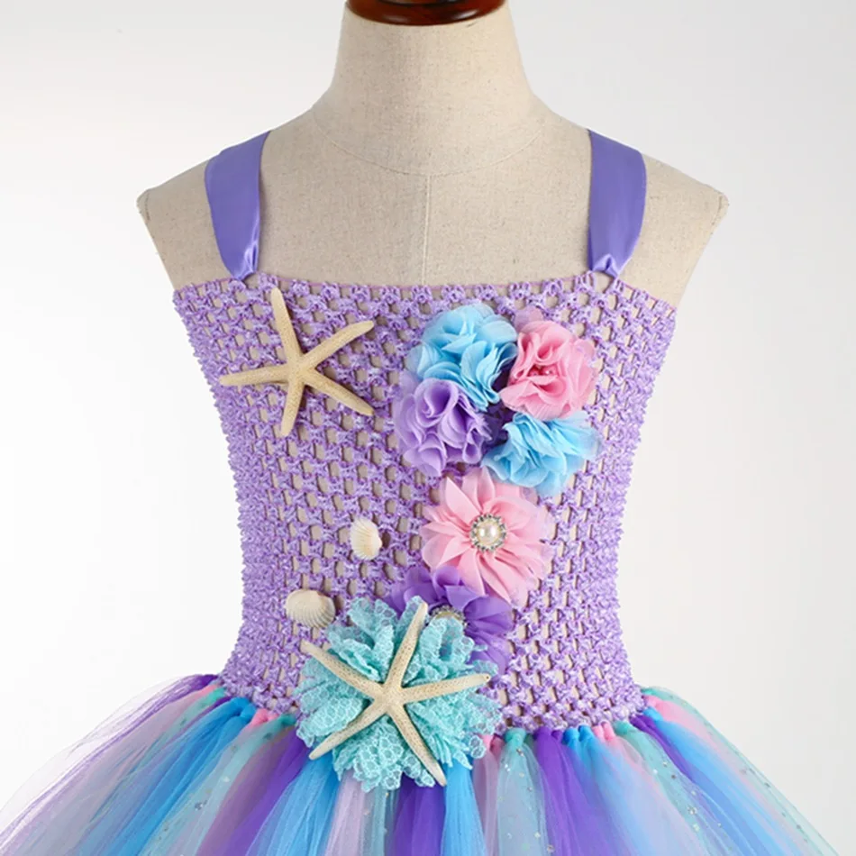 Robe Tutu sirène mignonne de 1 à 12 ans, avec des Appliques d'étoile de mer de corail, épaules dénudées, robe de princesse fantaisie, robe bouffante de fête d'anniversaire pour tout-petits