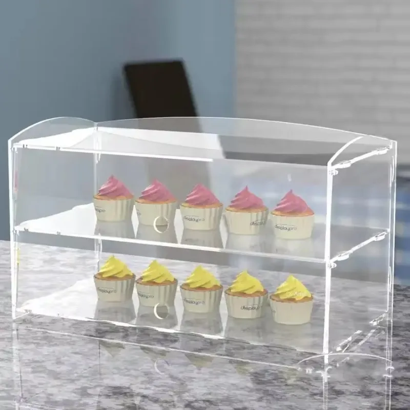 High quality transparent three-layer acrylic cake box bread display cabinet recyclable crystal door function