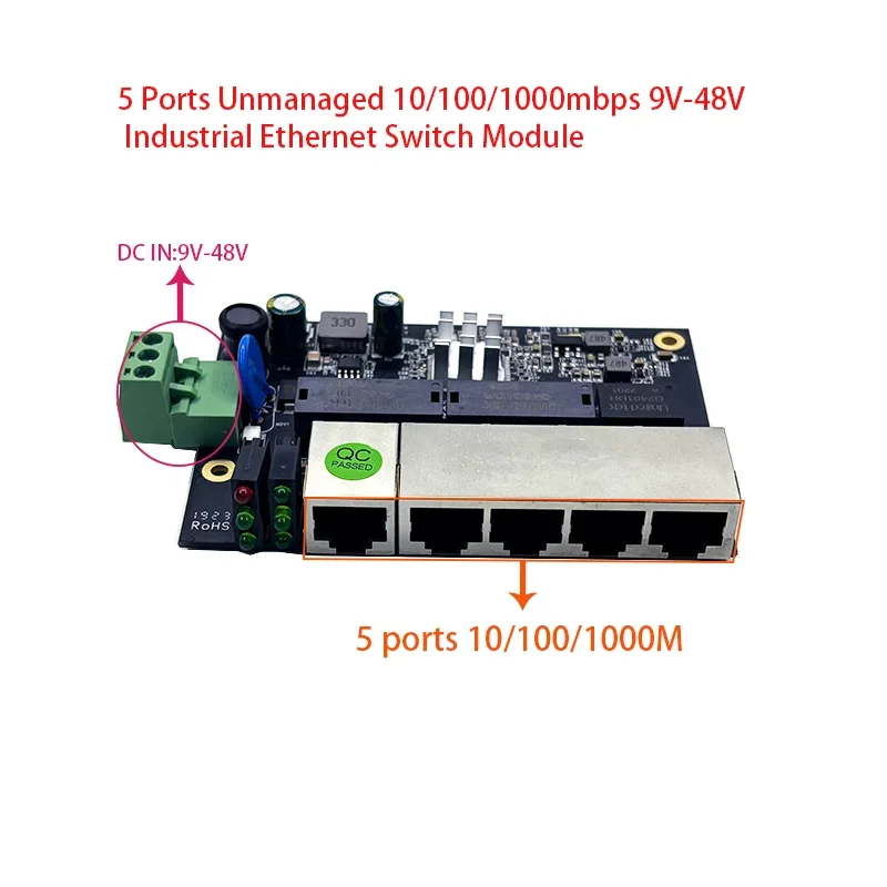 5 Ports nicht verwaltetes 9 V-48 V 10/100/1000 Mbit/s industrielles Ethernet-Switch-Modul. Geeignet für Industrie, Sicherheit und Konferenzen