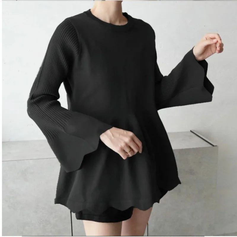 KUSAHIKI New Flared Sleeve Elastic Knitted Causal Ruffle Edge Women\'s Sweater Fashion Autumn Winter Pullover Knitwear Top