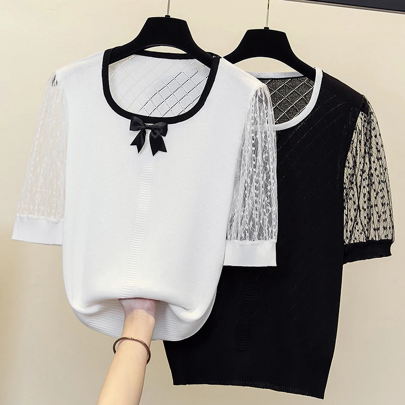 

oversized women's sweater 2022 loose thin oversize Sweater Pullover lace women's bow sweater short sleeve knit jumper