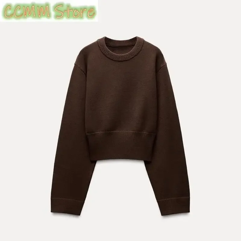 

Vintage Women's Knitted Crop Sweater Slim Solid O-neck Long Sleeve Female Short Pullover Spring Lady Chic Ribbed Knitwear