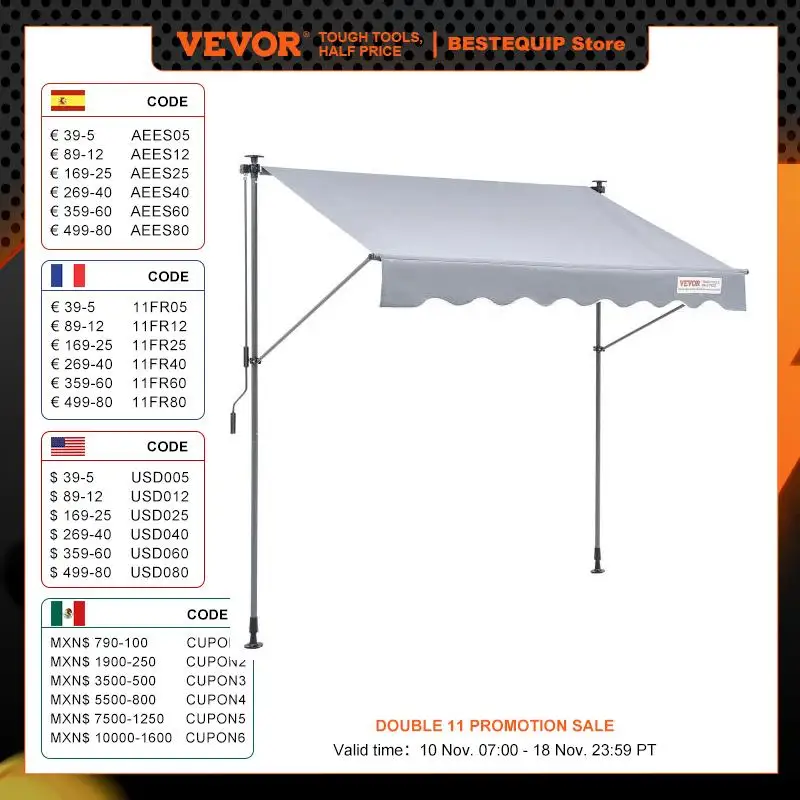 VEVOR Manual Retractable AwningAdjustable Patio Door Window Awning Canopy with 39