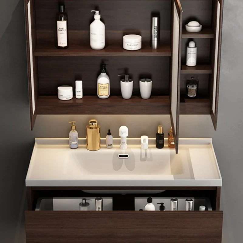 Modern Luxury Walnut Solid Wood Bathroom Cabinet Combination Wash Hands Basin Cabinet Integrated Ceramic Home Furniture