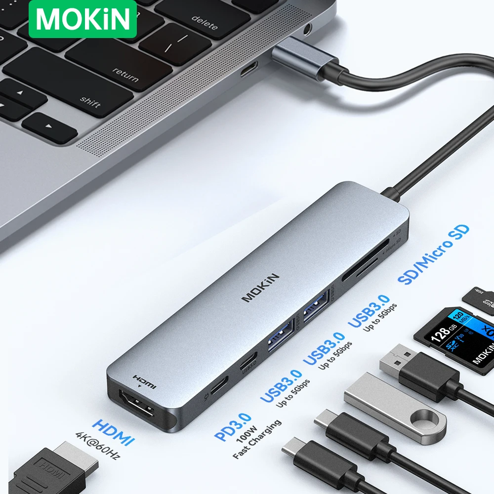 MOKiN 7-in-1 USB C Hub Type C 4K60Hz to HDMI Adapter,Docking Station with PD 100W,3 USB3.0,for MacBook Pro Air M2 M1 HP usb hub