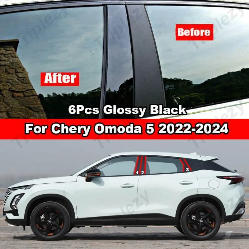 For Chery Omoda 5 2022-2024 8Pcs Car Door Center B C Pillar Post Cover Mirror Effect Trim Glossy Black PC Material Stickers