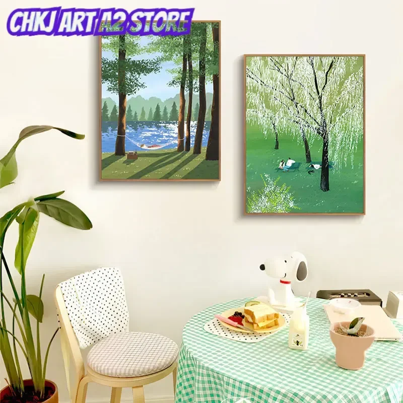 Minimalist Forest Canvas Prints, Spring Green Tree Lake Wall Art, Cute Leisure Nature Unframed Poster, Soft Kids Room Home De